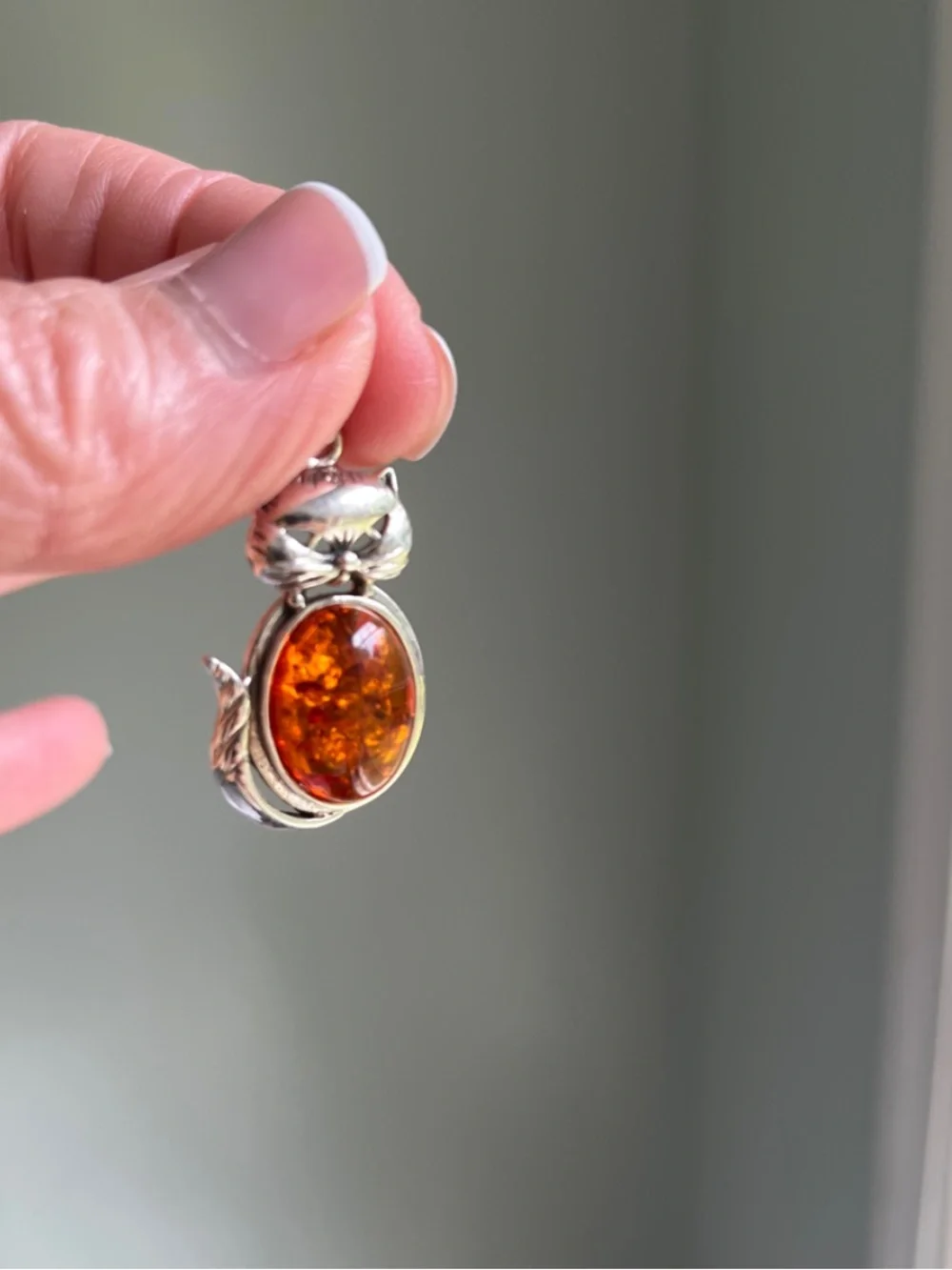 Sterling Silver Cat Pendant with Amber Stone - Brown